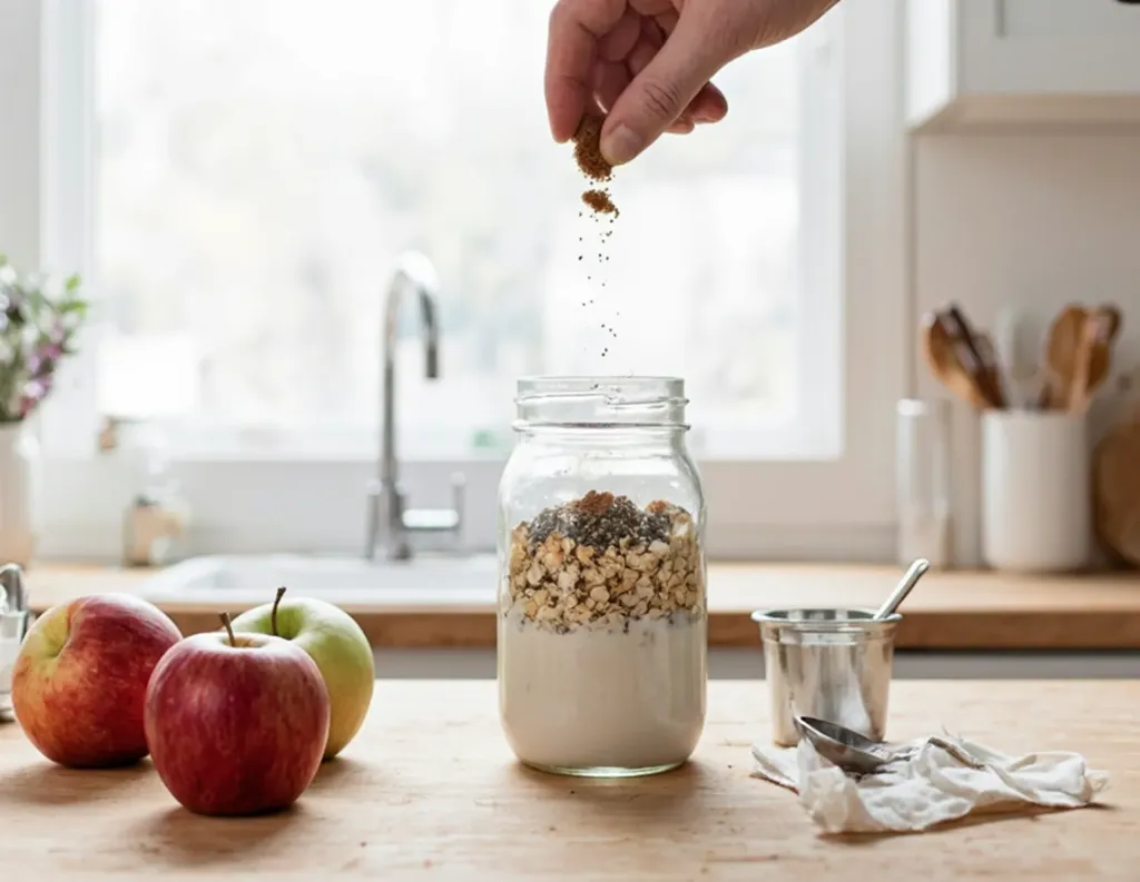 Sprinkling cinnamon, chia seeds, and jaggery into oats mixture