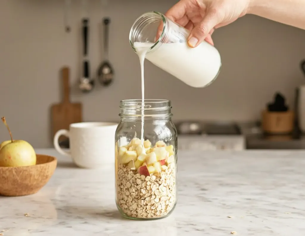 Pouring almond milk into rolled oats and chopped apples in a jar