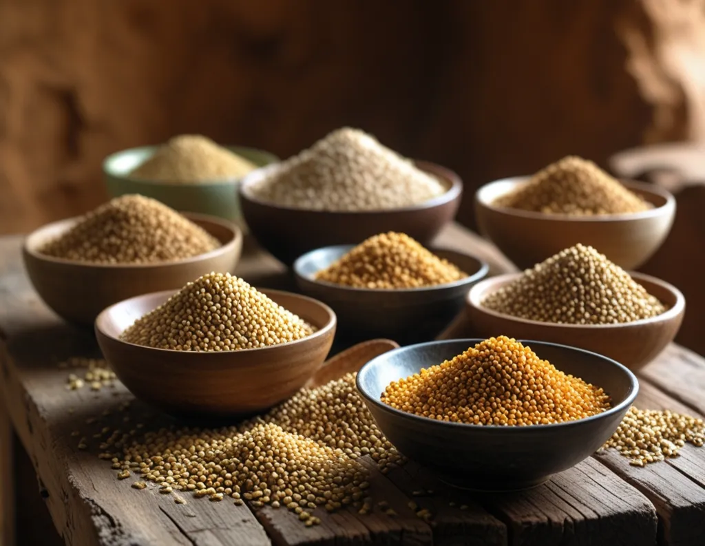 Ancient grains and brown millets in rustic sattvic bowls