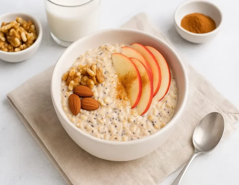 Apple Cinnamon Overnight Oats with chia seeds in a bowl – healthy sattvic breakfast