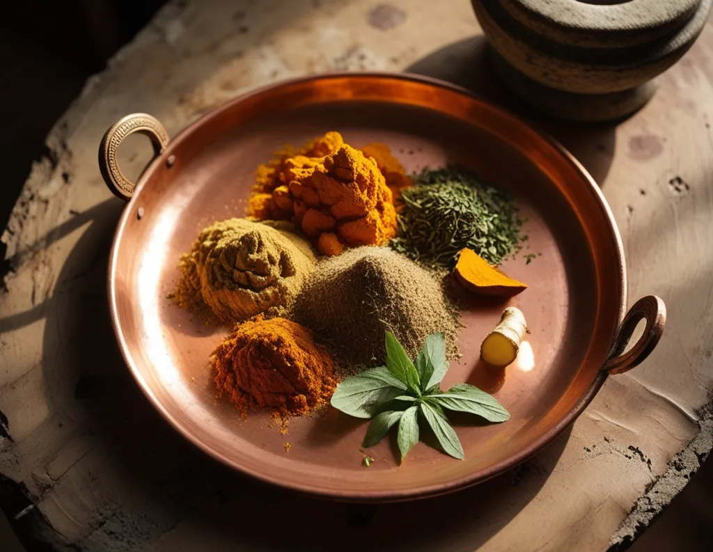  Ayurvedic thali with sattvic herbs and spices for cooking