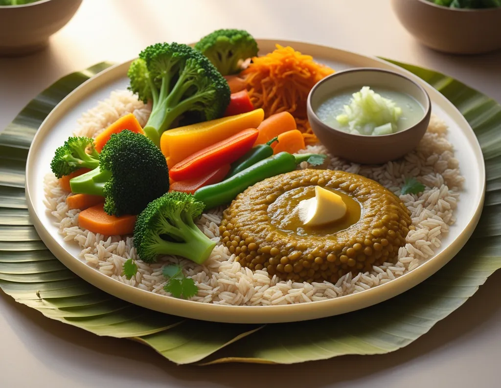 Sattvic thali with rice, dal, steamed veggies, ghee, and salad