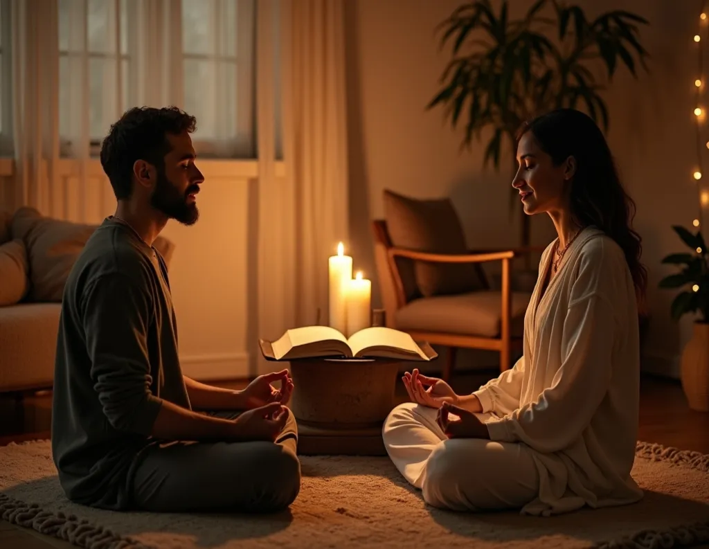 Couple meditating beside the Bhagavad Gita after studying few spiritual lessons.

