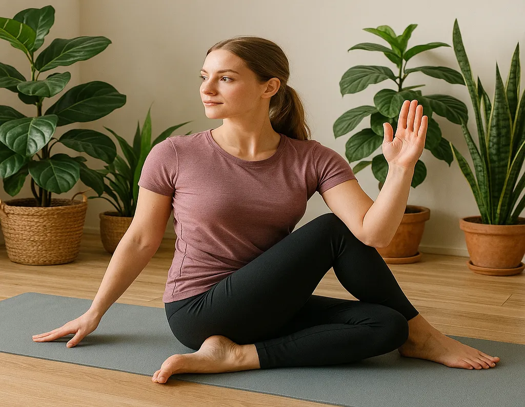 Woman practicing yoga for body and mind in a calming, sunlit home space