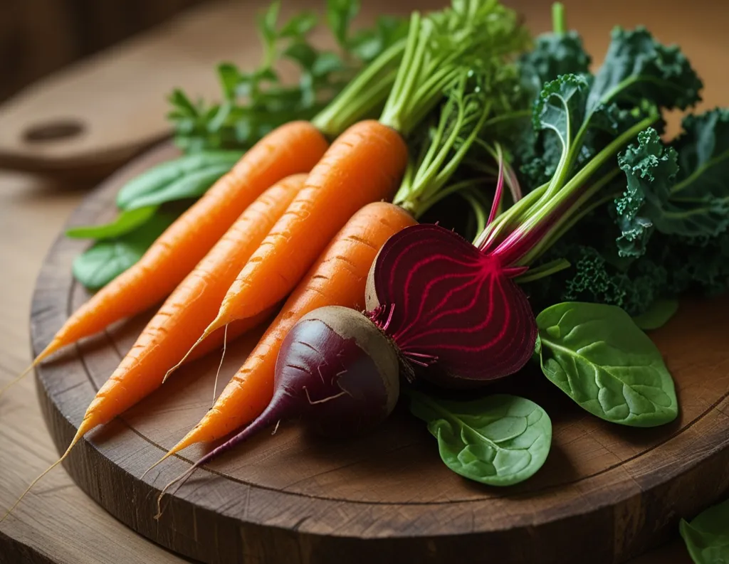 Colorful mix of sattvic vegetables – carrots, beetroot, kale