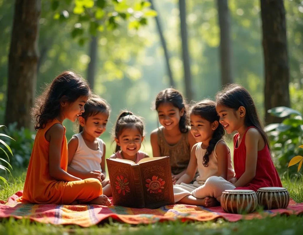 Children gathered, listening to spiritual or moral tales