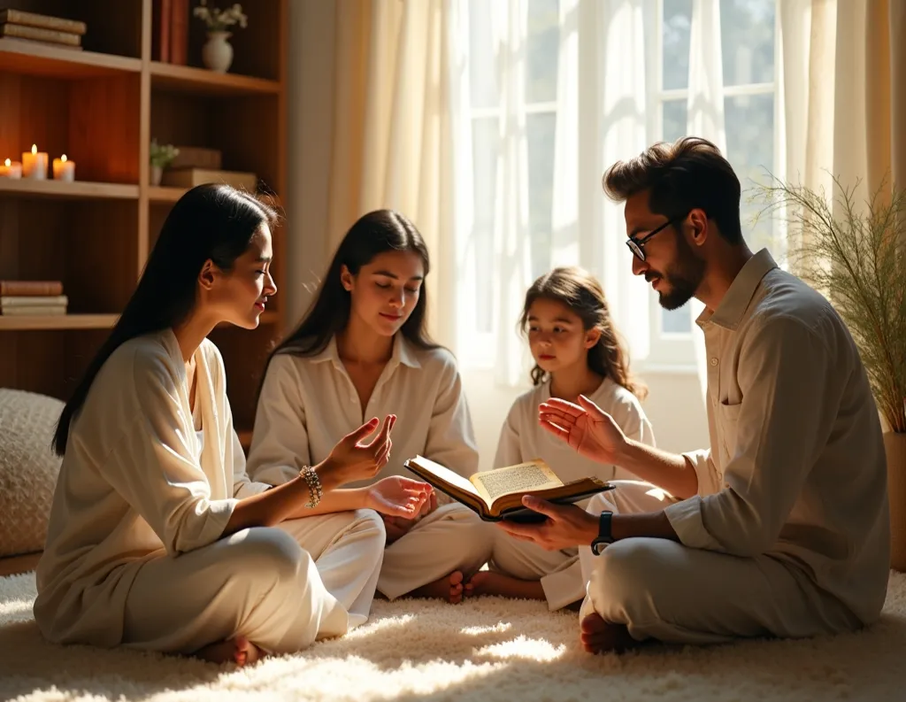 Family engaged in sattvic parenting and spiritual learning