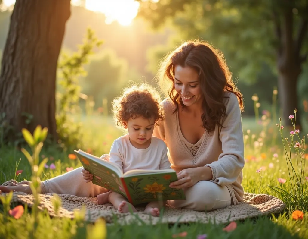 Parent and child learning spiritual education under tree in natural setting