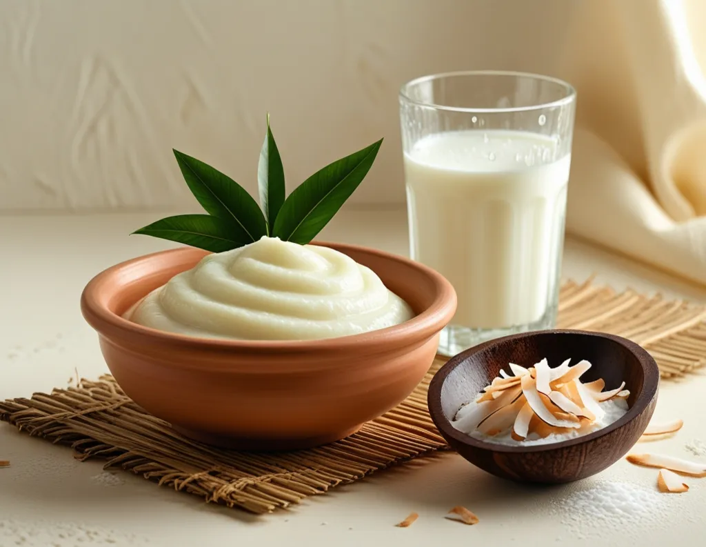 Sattvic dairy – curd, milk, and coconut cream in rustic bowls