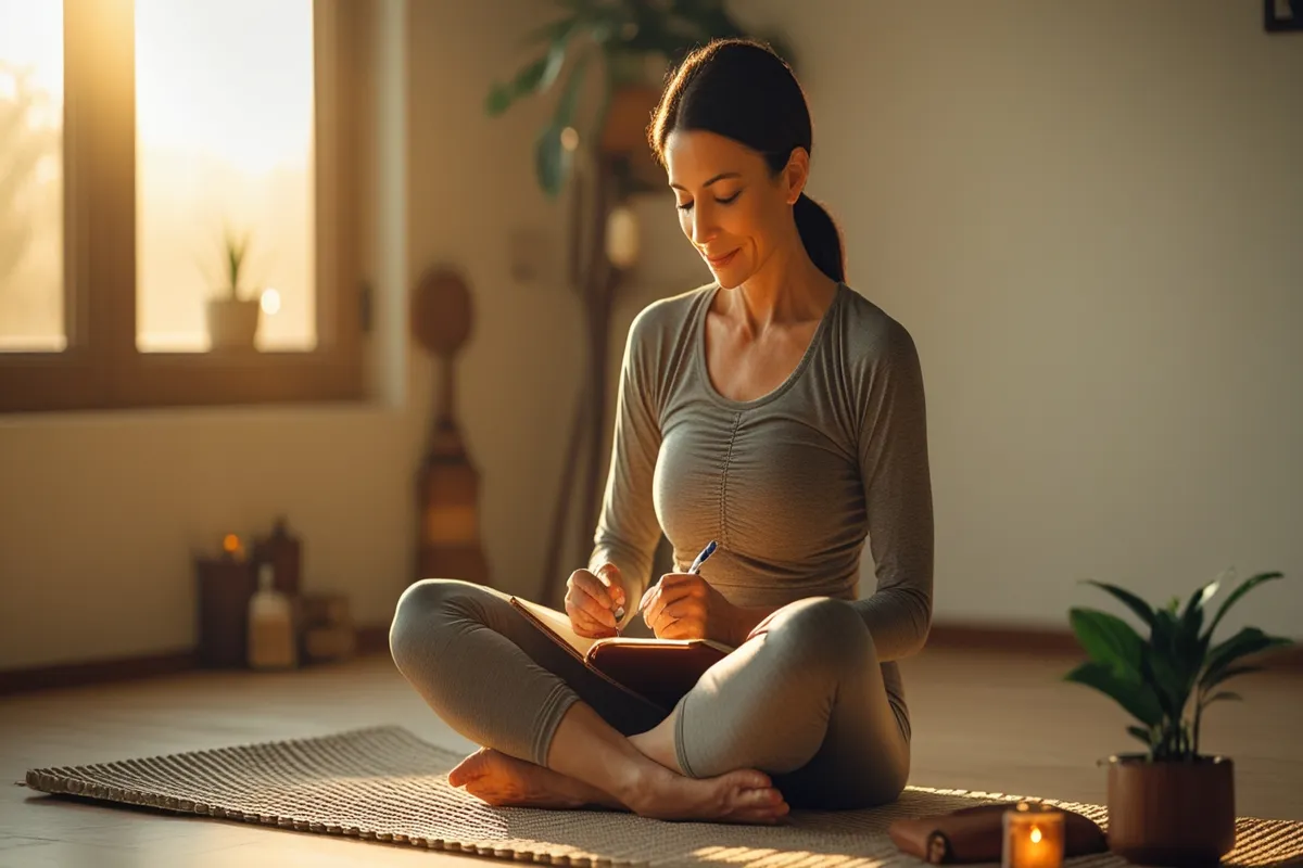 Woman practicing yoga in peaceful living room with early morning light for a holistic lifestyle.