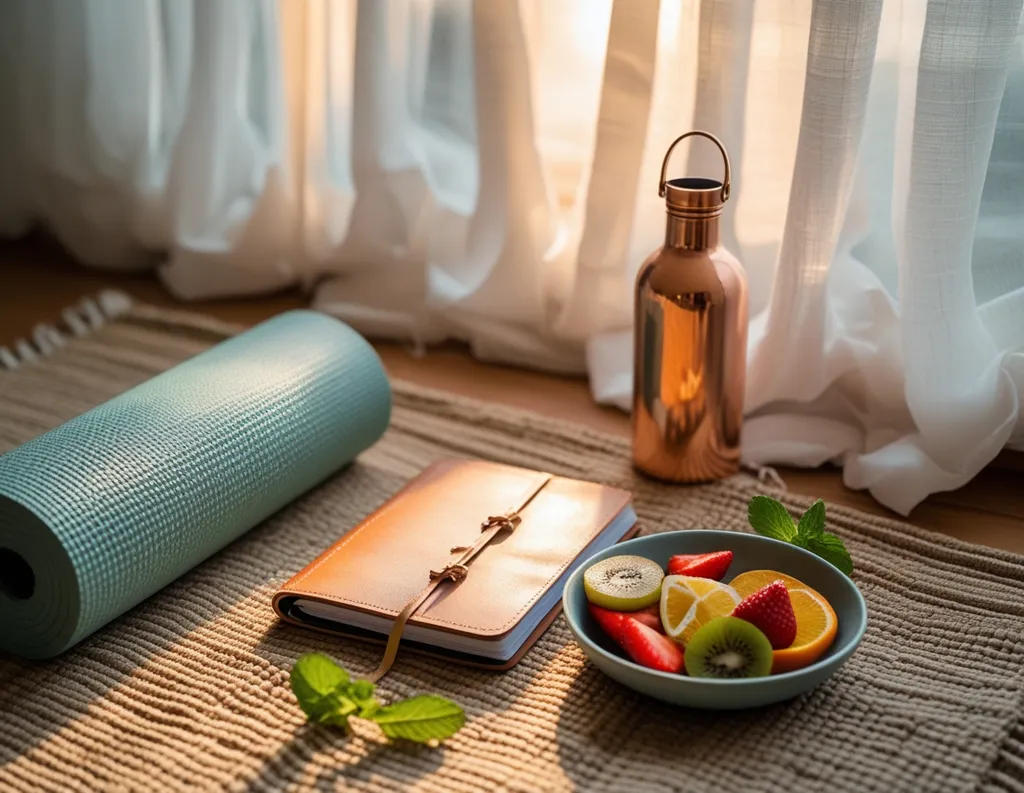 Daily yoga and meditation setup with mat, fruit, and journal