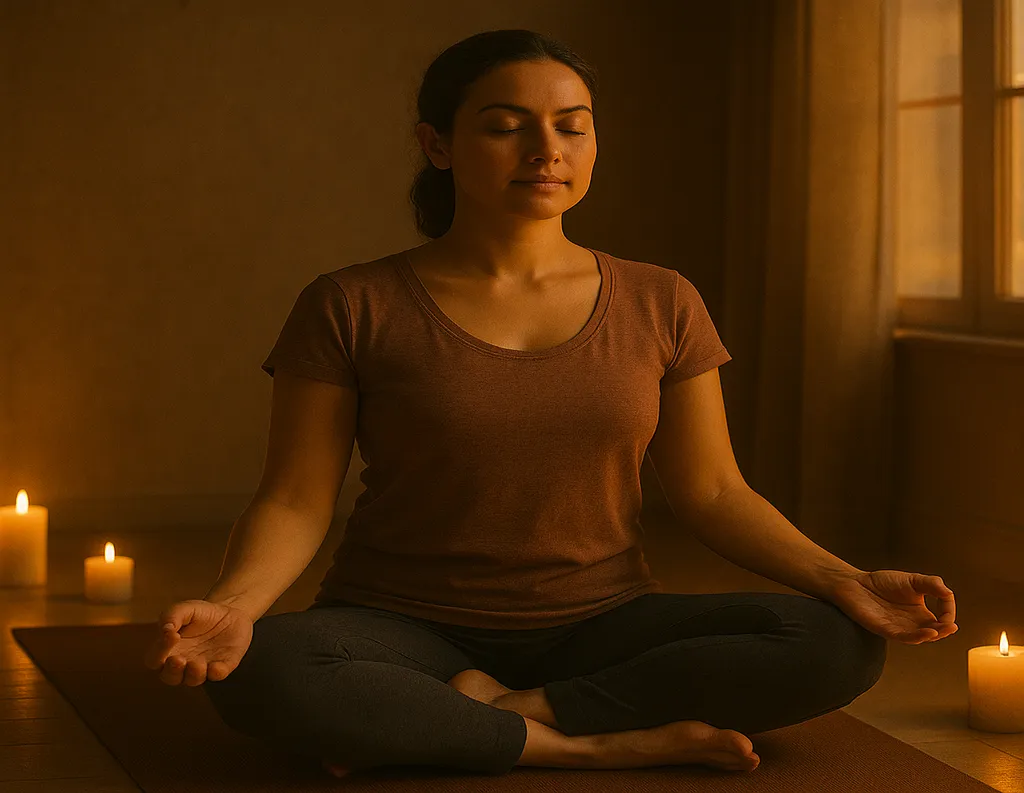 Woman in guided meditation sitting cross-legged at dawn with candlelight