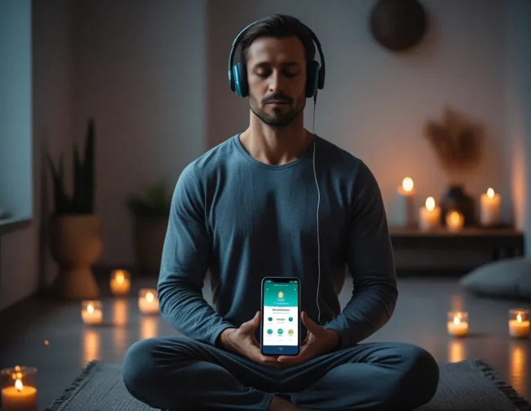Meditator using headphones in peaceful indoor space
