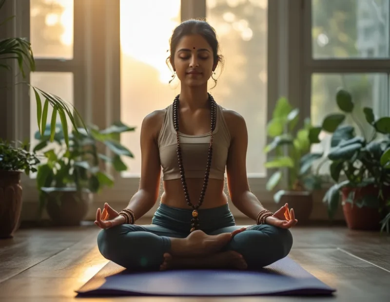 Woman doing yoga and meditation near window with mala beads and morning light