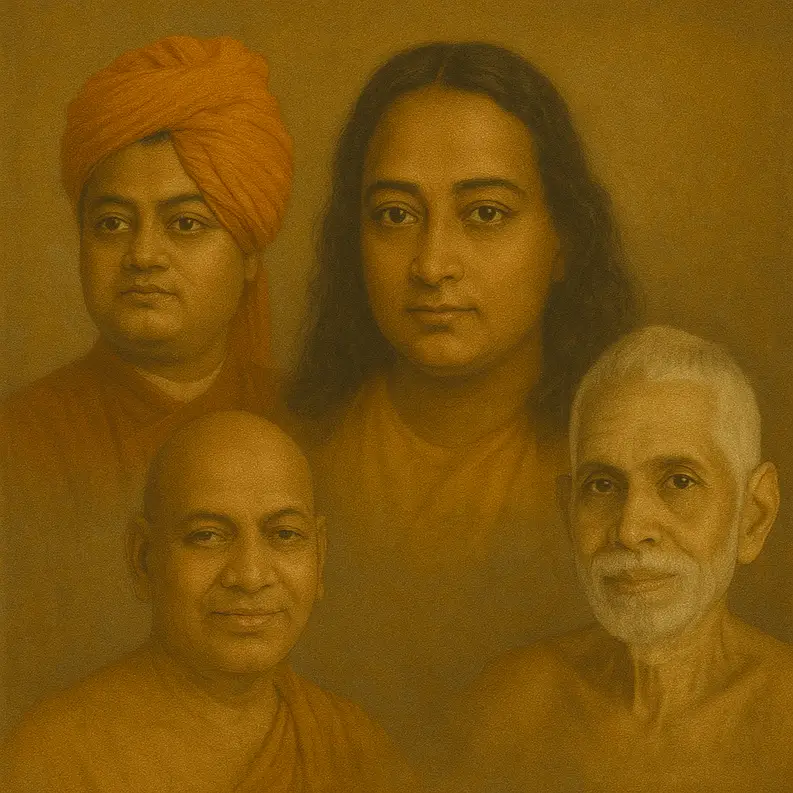 A collage of Indian saints representing the Universal Teachings of Indian Saints and spiritual unity