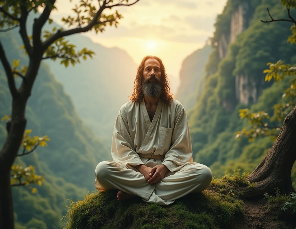 Meditative figure in nature with subtle light aura performing jnana yoga