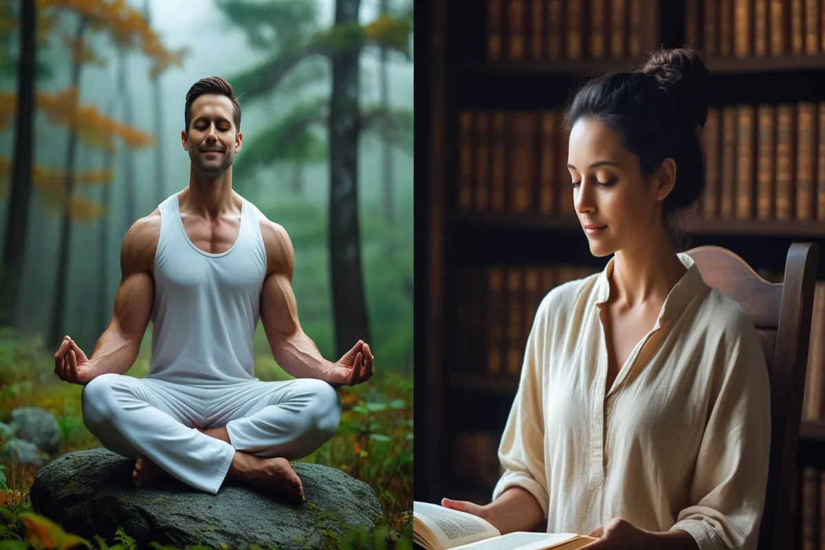 one person meditating in forest while other in closed environment, symbolizing self-knowledge and higher truth