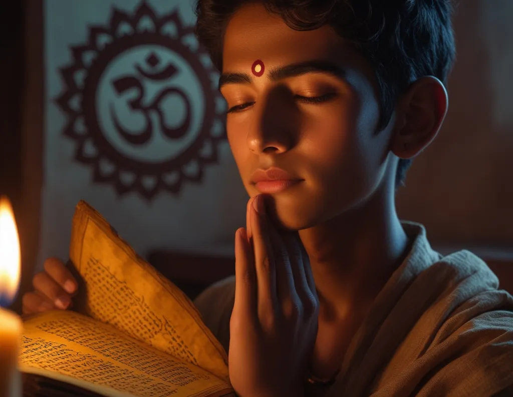 Meditator engaged in self-inquiry in a calm candlelit room