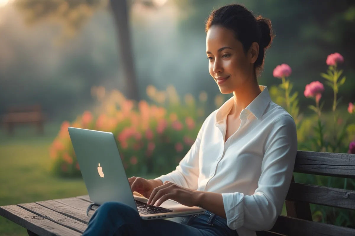 Woman without stress working with a laptop in nature, practicing mindful karma yoga