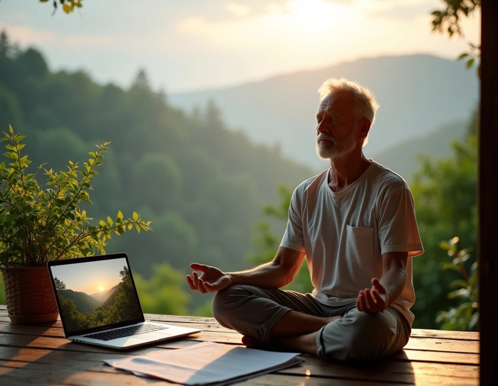 Man practicing karma yoga with meditation in easy pose with laptop and mountain view