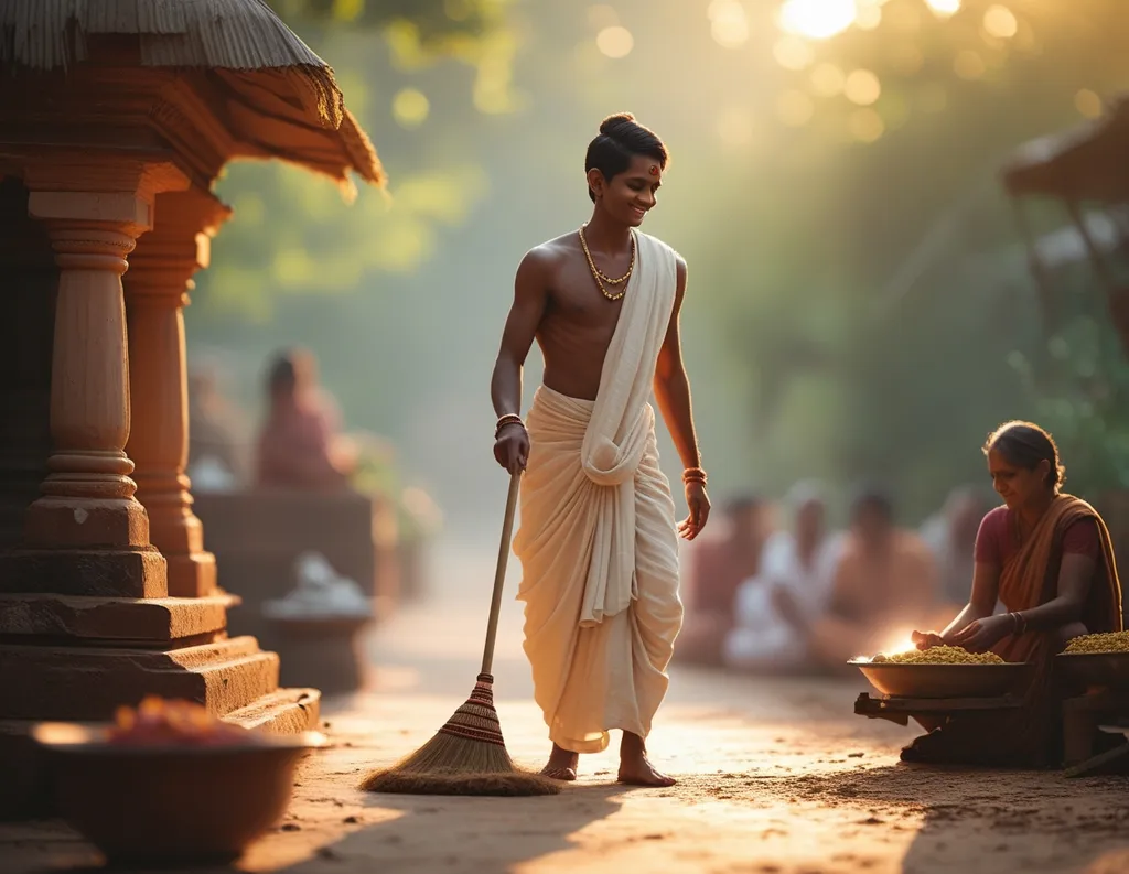 Man practicing karma yoga by serving in a village temple