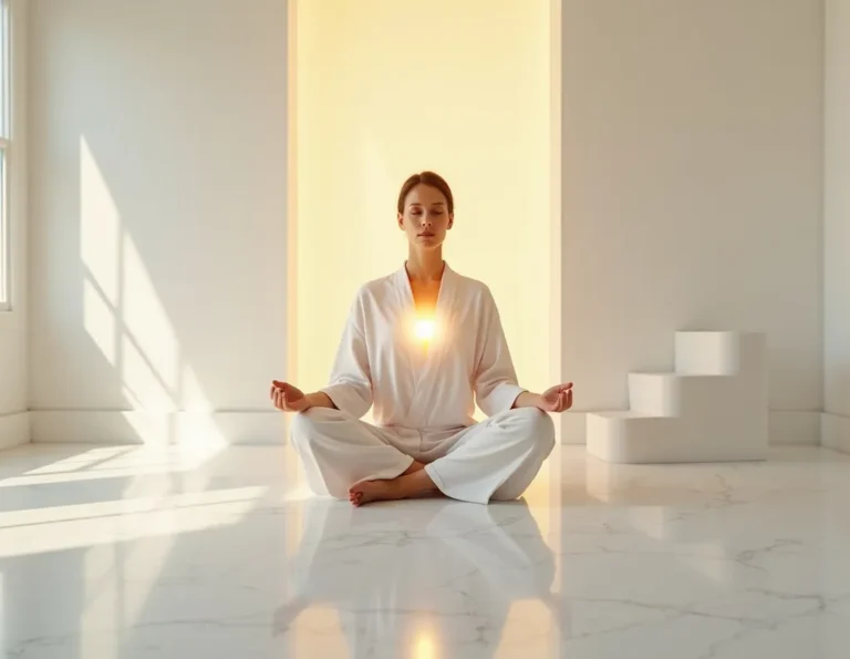 Meditating person with golden light emerging from chest