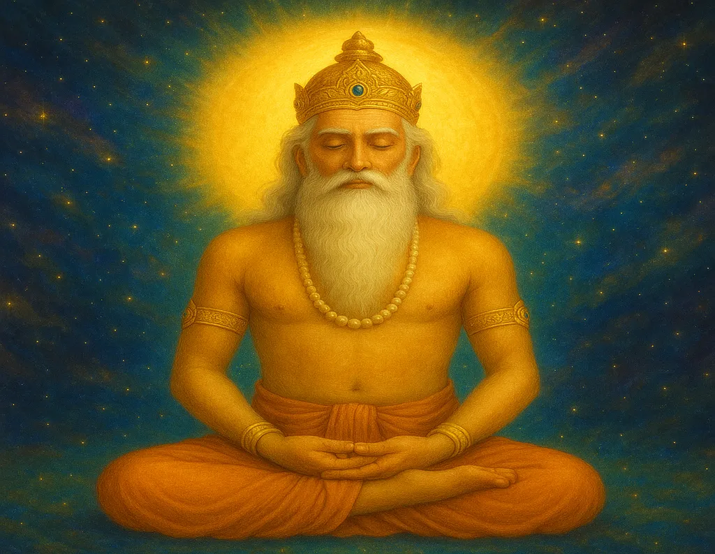 Lord Vishwakarma meditating with golden crown and radiant aura