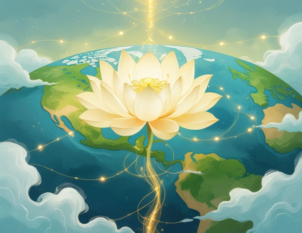 Lotus blooming over Earth symbolizing message of peace and spiritual unity given by indian saints.