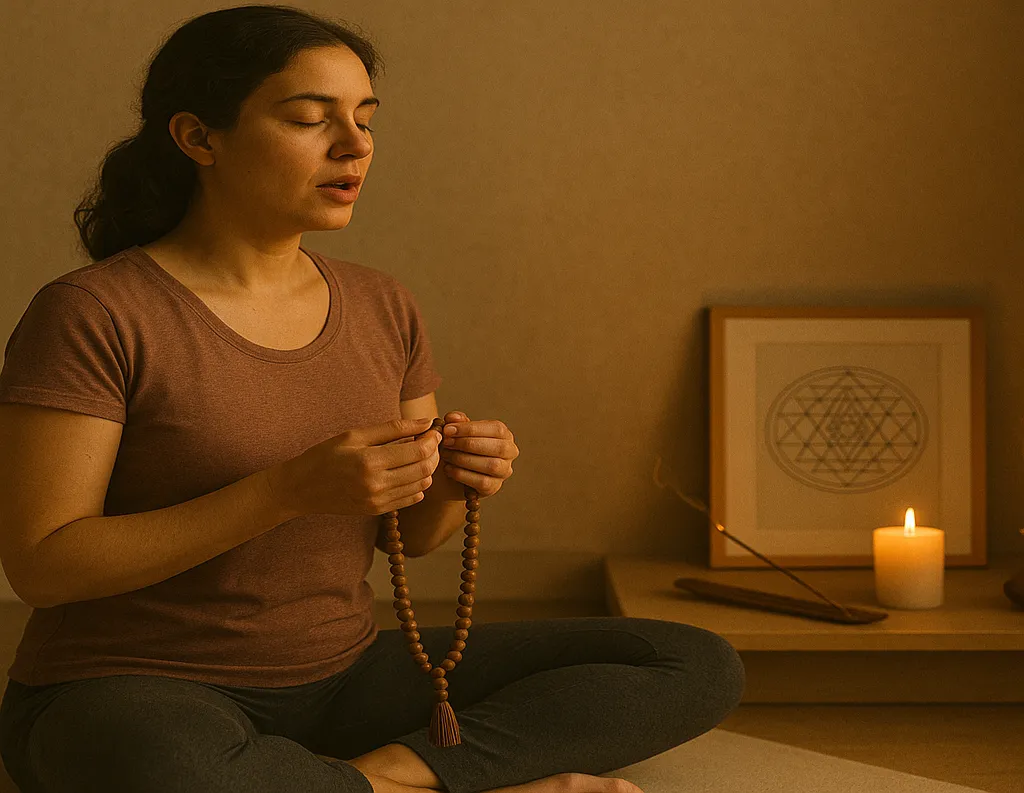  Woman chanting with mala beads in home altar space