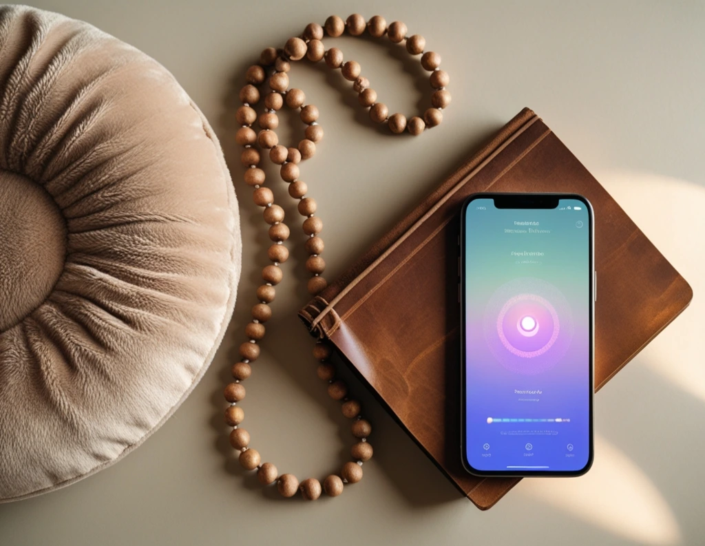 Flat lay of mala, cushion, and brainwave meditation app