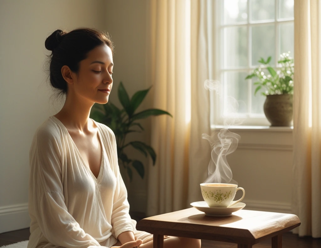 Person meditating by window with herbal drink nearby