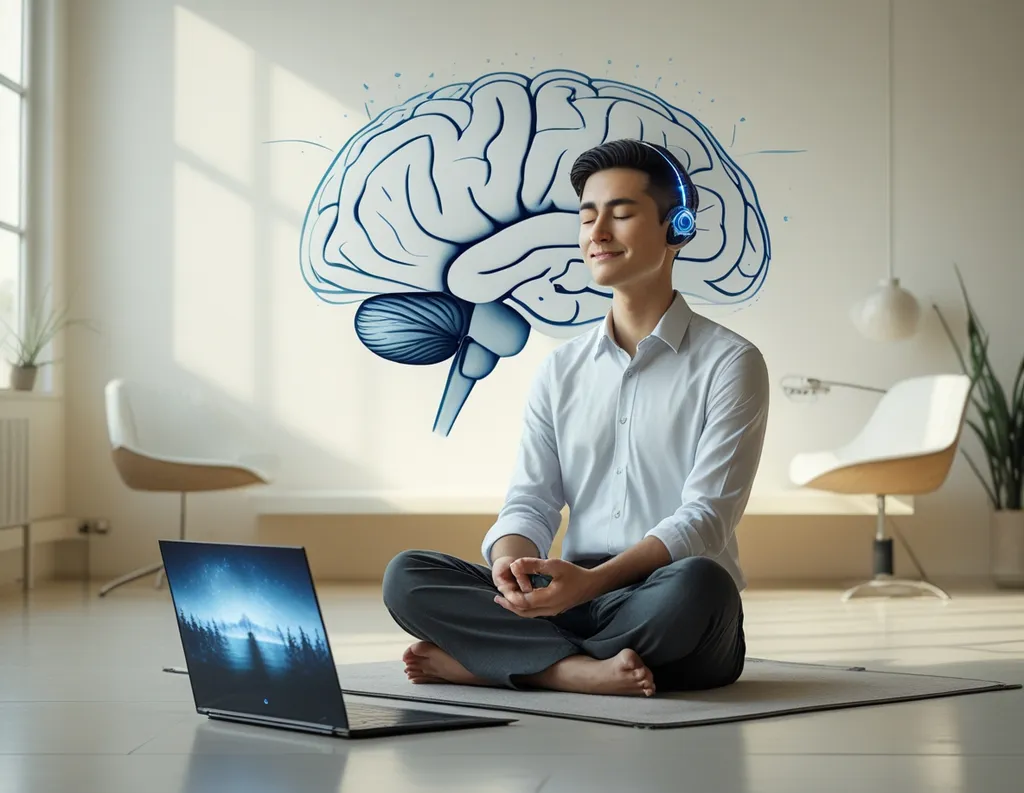 Meditation with tech tool showing mindful brain study