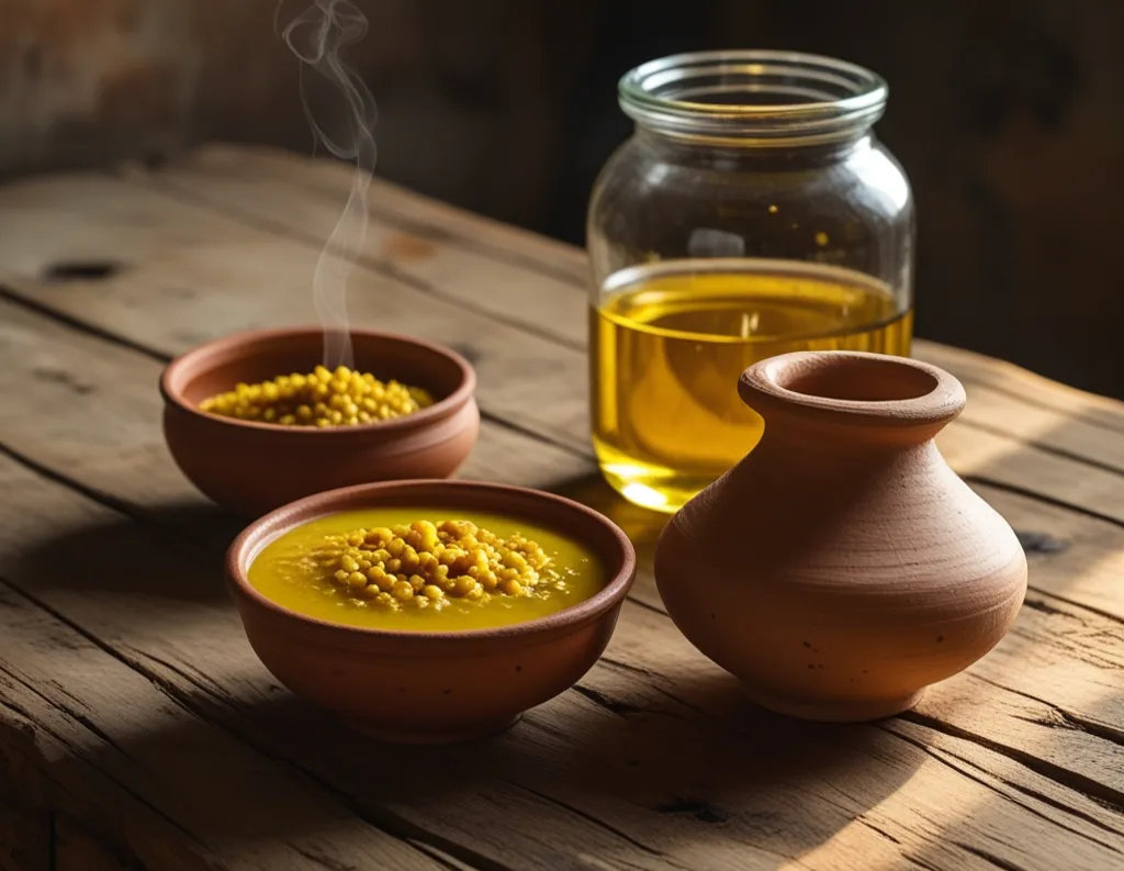  Moong dal, sesame oil, and ghee in a sattvic kitchen setting