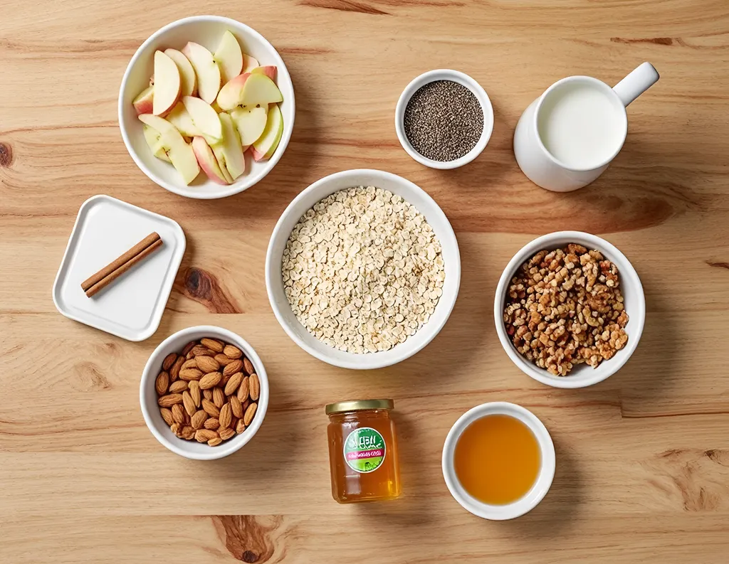 Ingredients for Apple Cinnamon Overnight Oats – oats, almond milk, chia, apples, cinnamon