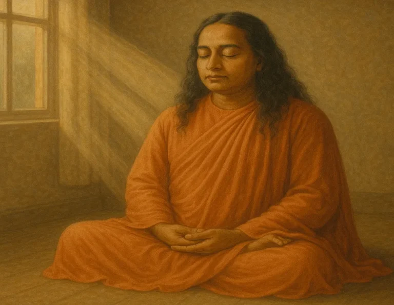 Paramahansa Yogananda meditating in sunlight, radiating spiritual calm