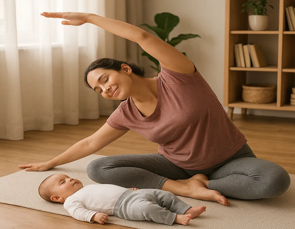 New mom practicing yoga stretch beside her baby