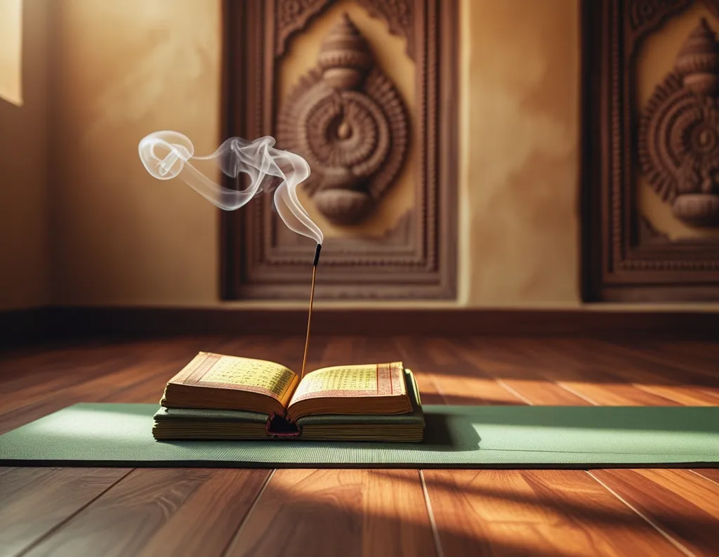 Open Bhagavad Gita, incense, and yoga mat in calm space