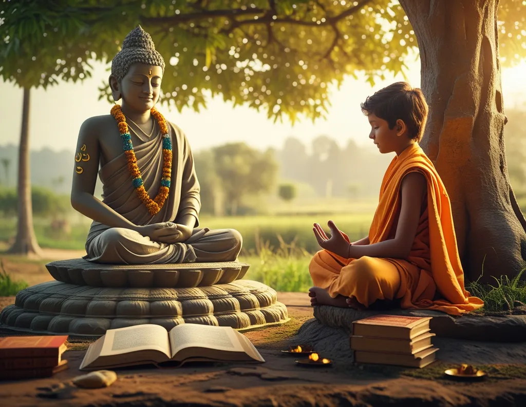 Young student learning near buddha statue under sacred tree