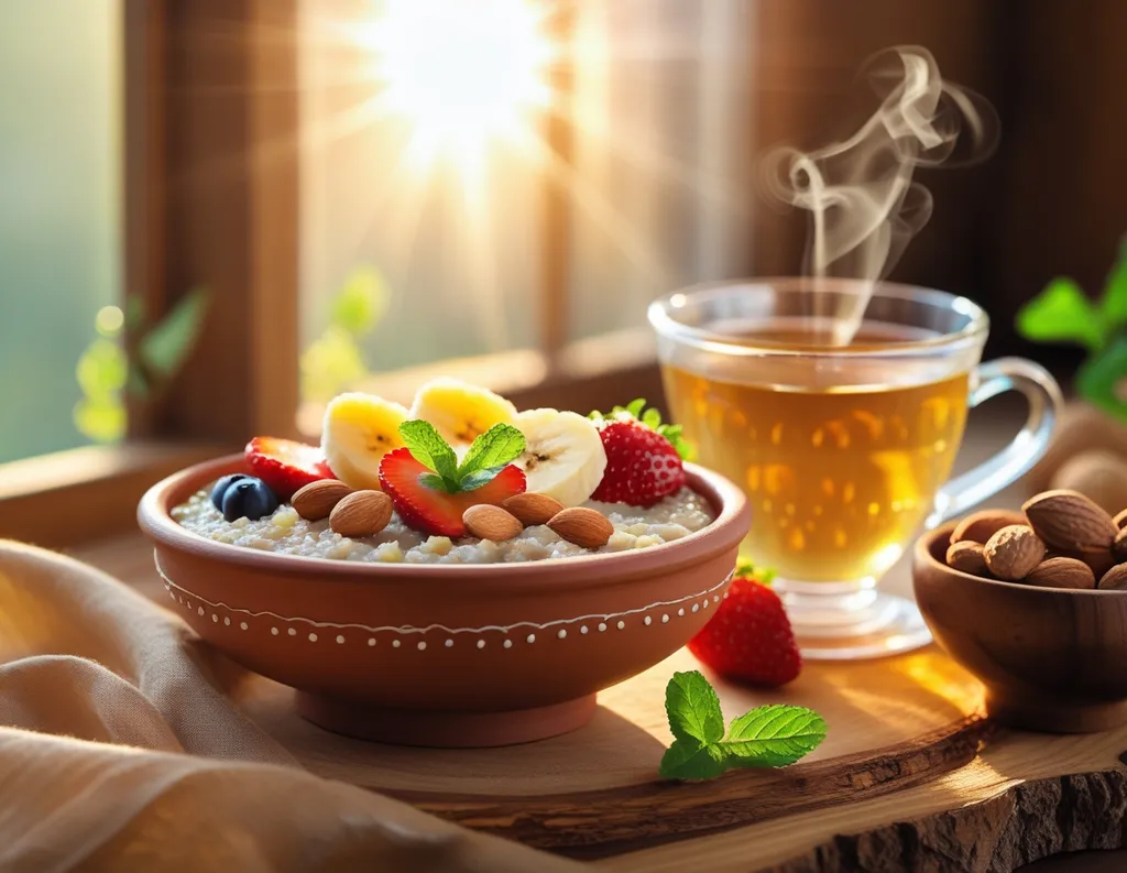 Sattvic breakfast with porridge, fresh fruits, herbal drink in morning light