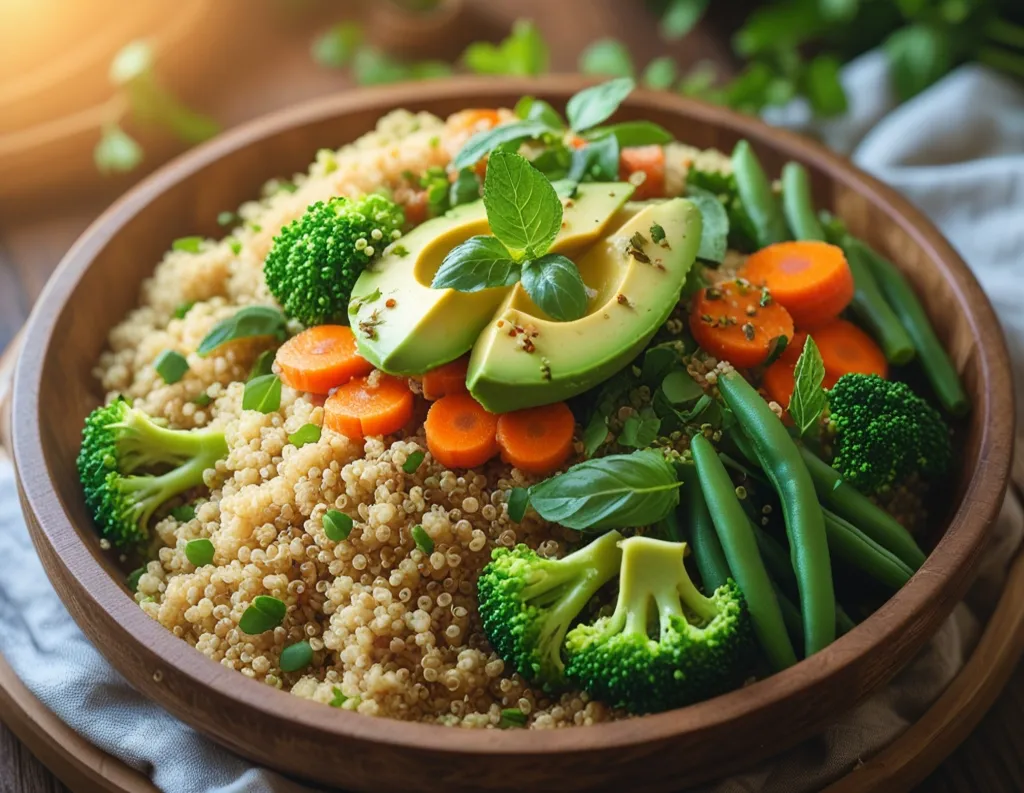 Colorful sattvic Buddha bowl with seasonal sattvic foods