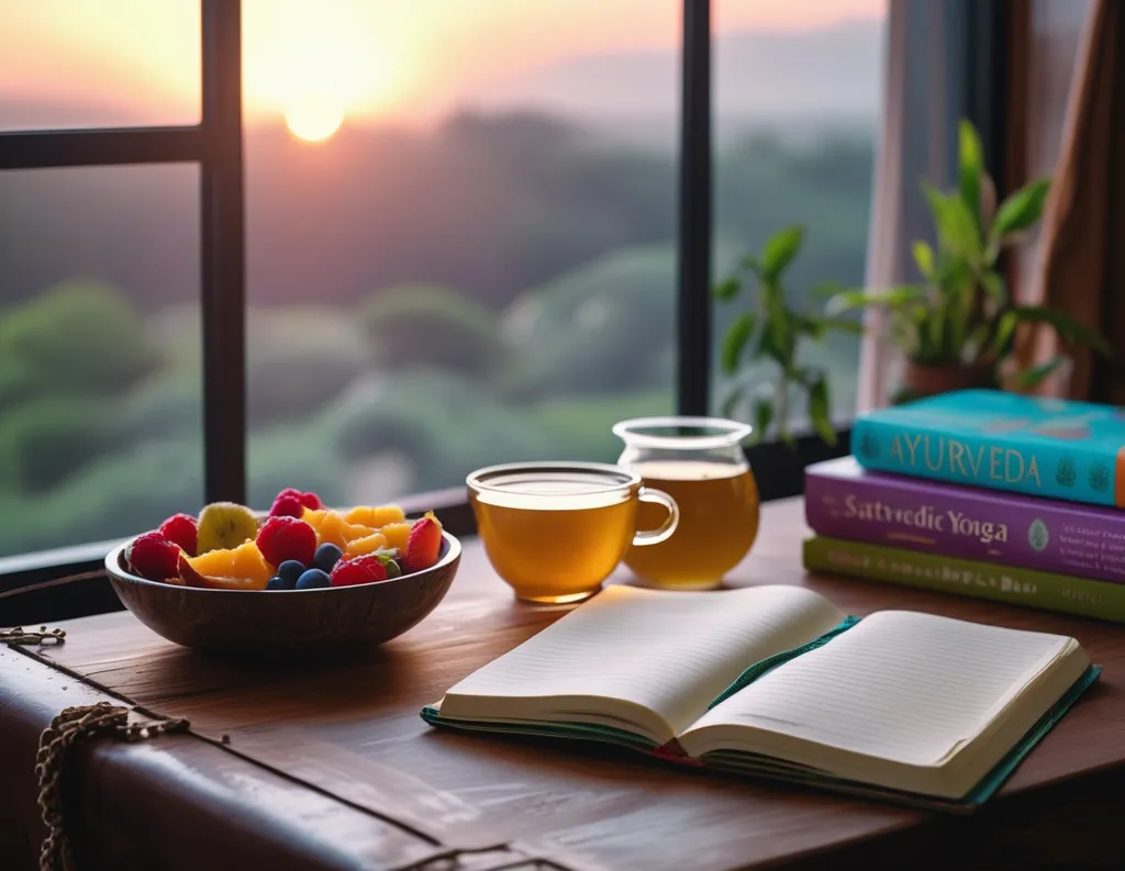 Fruit bowl, tea, and journaling on sattvic breakfast table