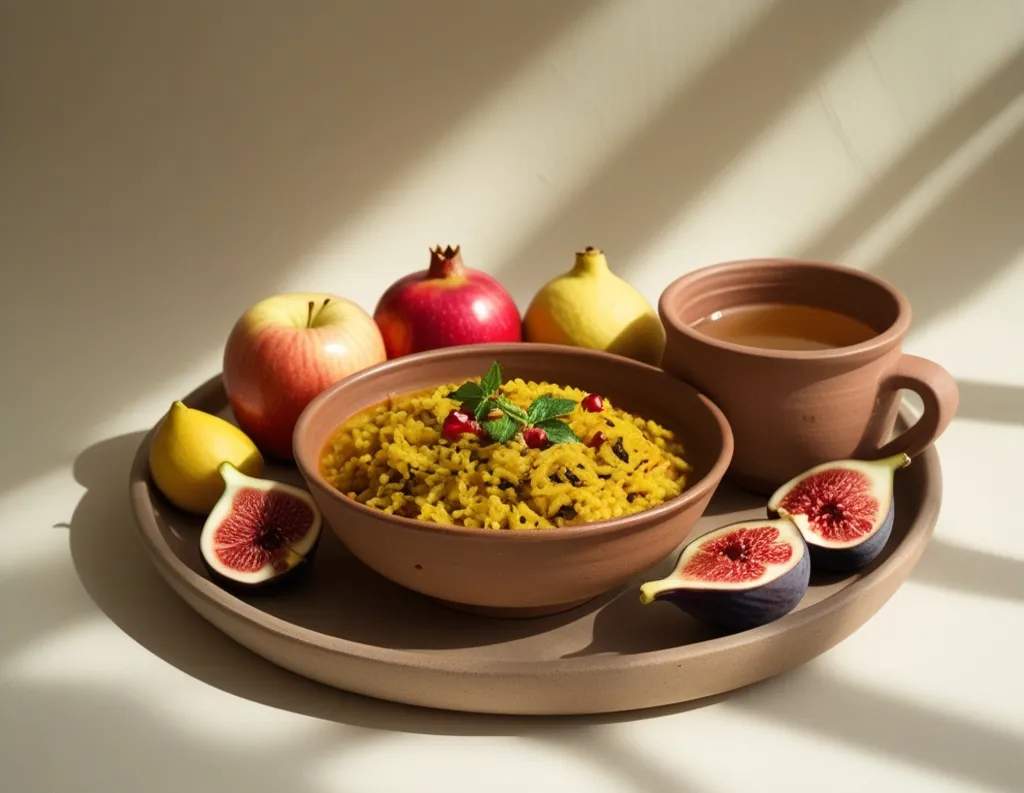 Natural sattvic detox plate with fruits and khichdi