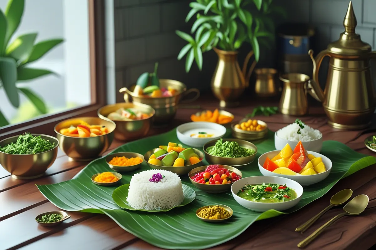 Healthy sattvic meal setup on a banana leaf in a sunlit kitchen table with fruits and vegetables