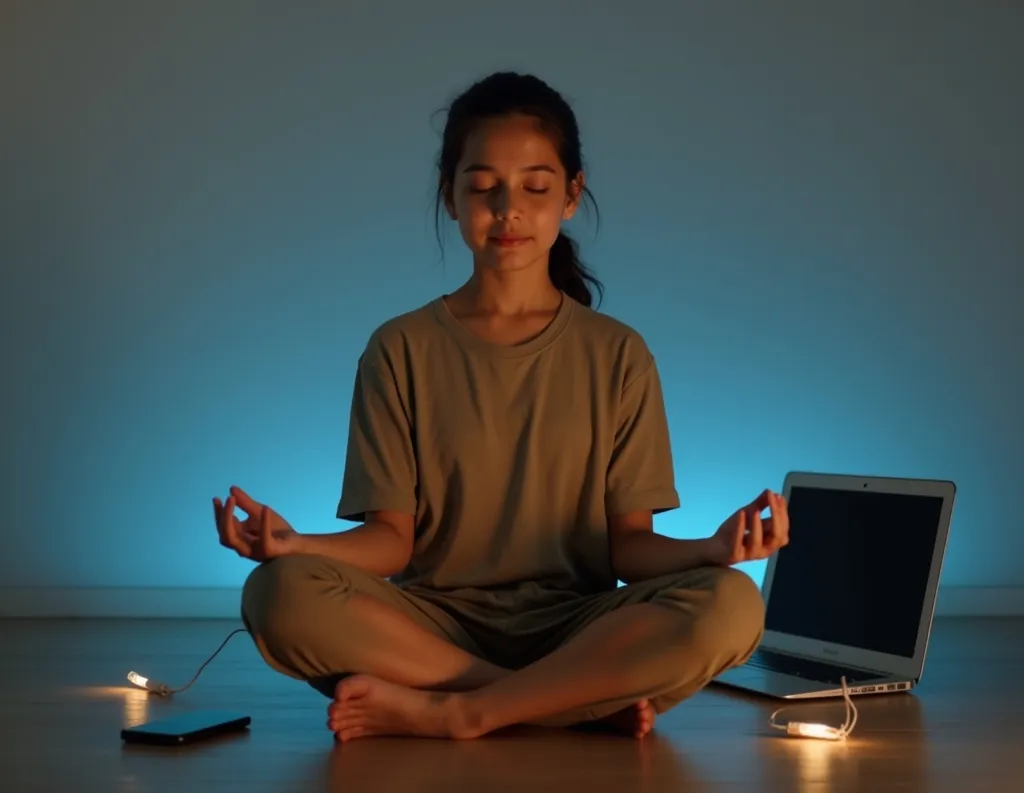  Teen practicing mindful meditation near laptop