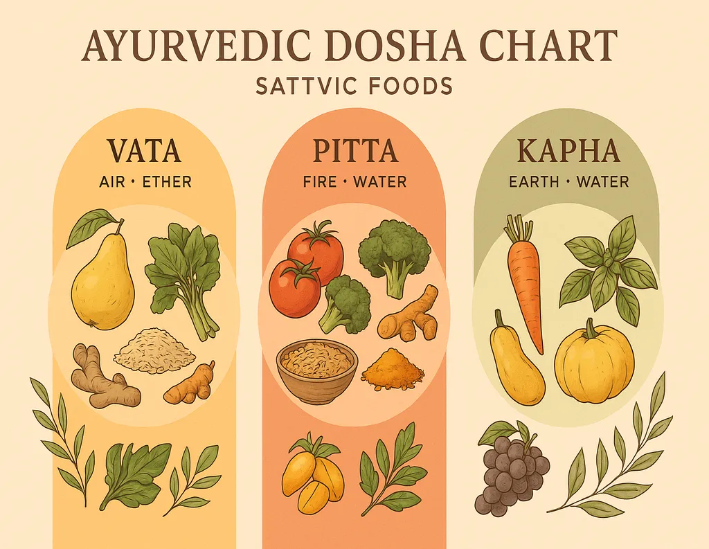  Illustrated sattvic food chart for Ayurvedic dosha balancing