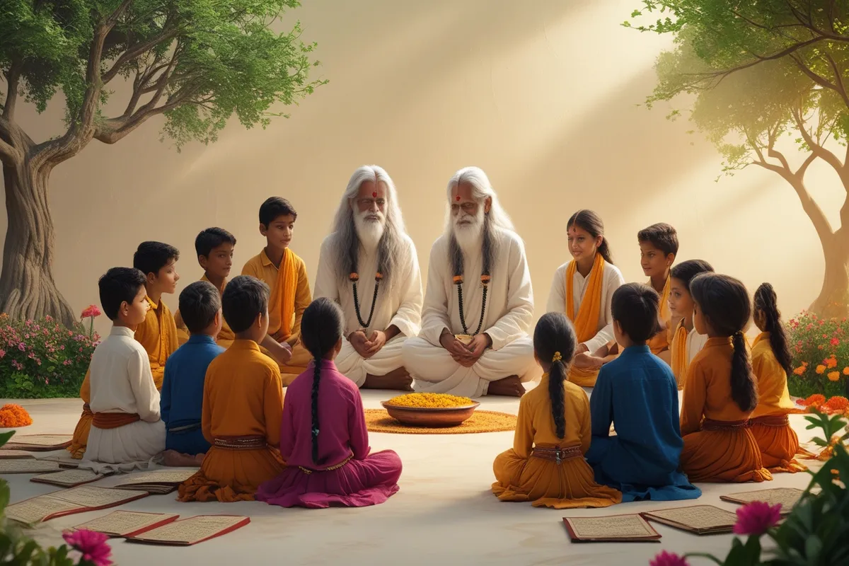 Indian children learning outdoors from a guru in spiritual setting