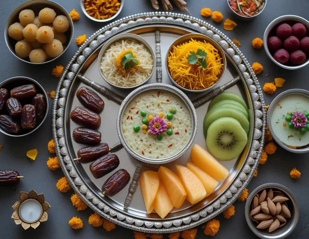 Festive sattvic thali with ladoos, fruits, and vrat foods
