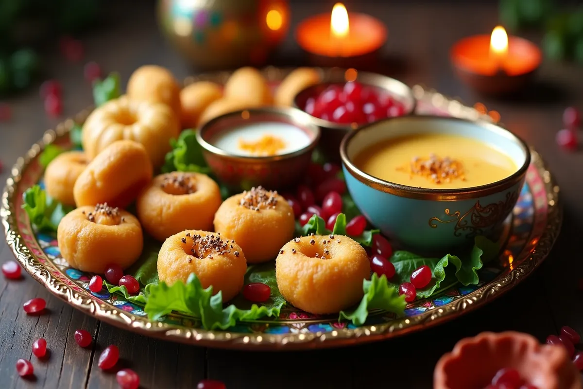 Traditional sattvic sweets lit by festive lights during Diwali season