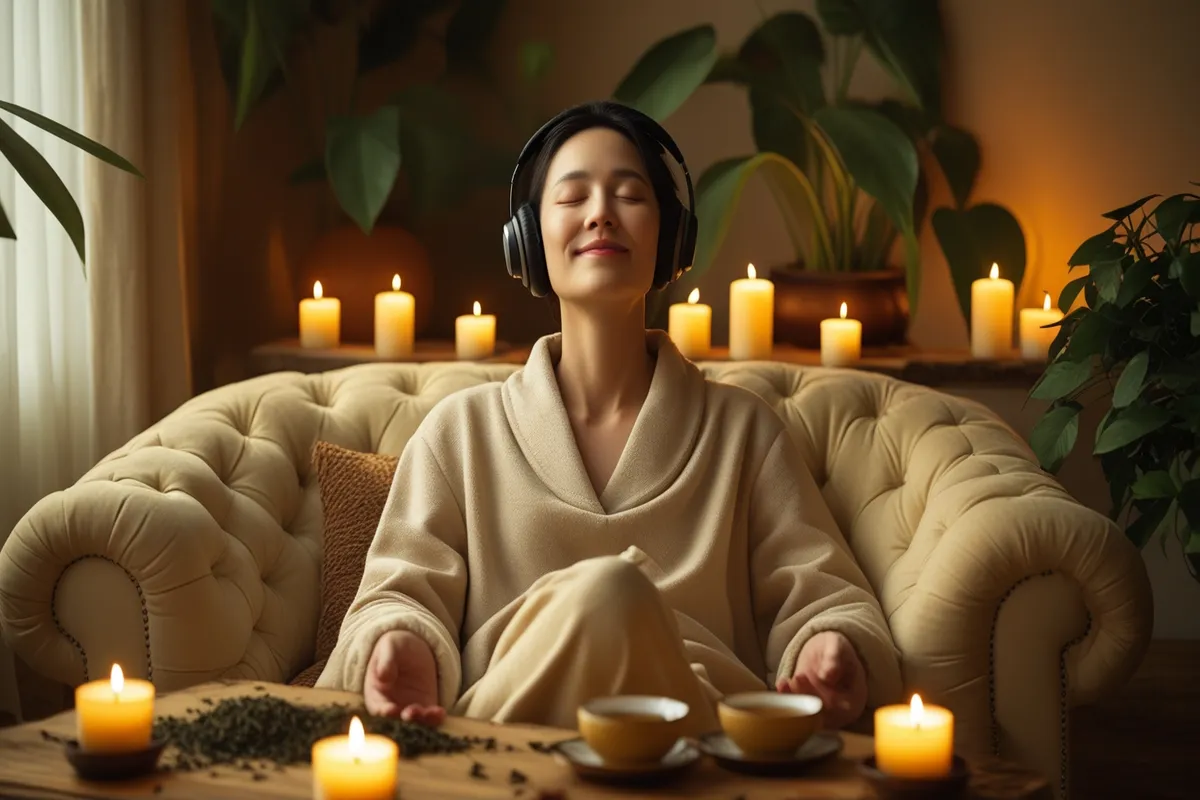 Person meditating near candles in a dark, calming room