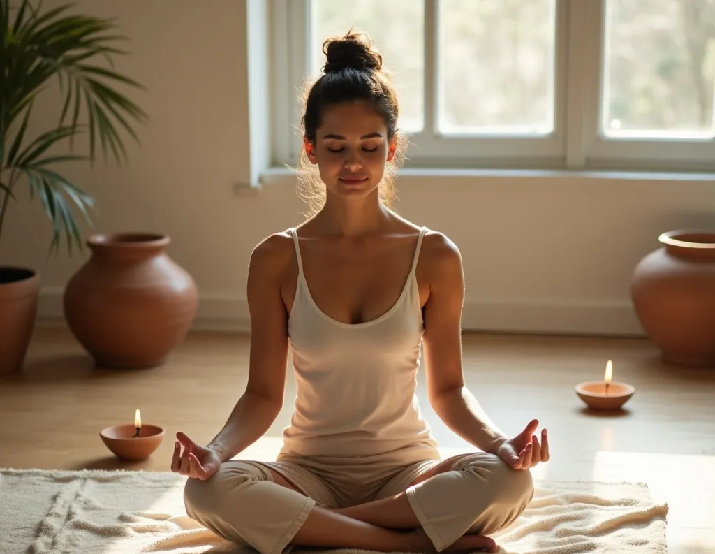 Woman meditating in minimalist sattvic home setting